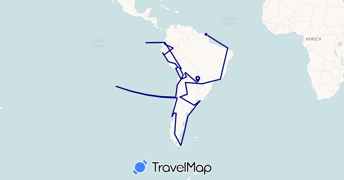 TravelMap itinerary: driving in Argentina, Bolivia, Brazil, Chile, Ecuador, French Guiana, Peru, Paraguay, Uruguay (South America)